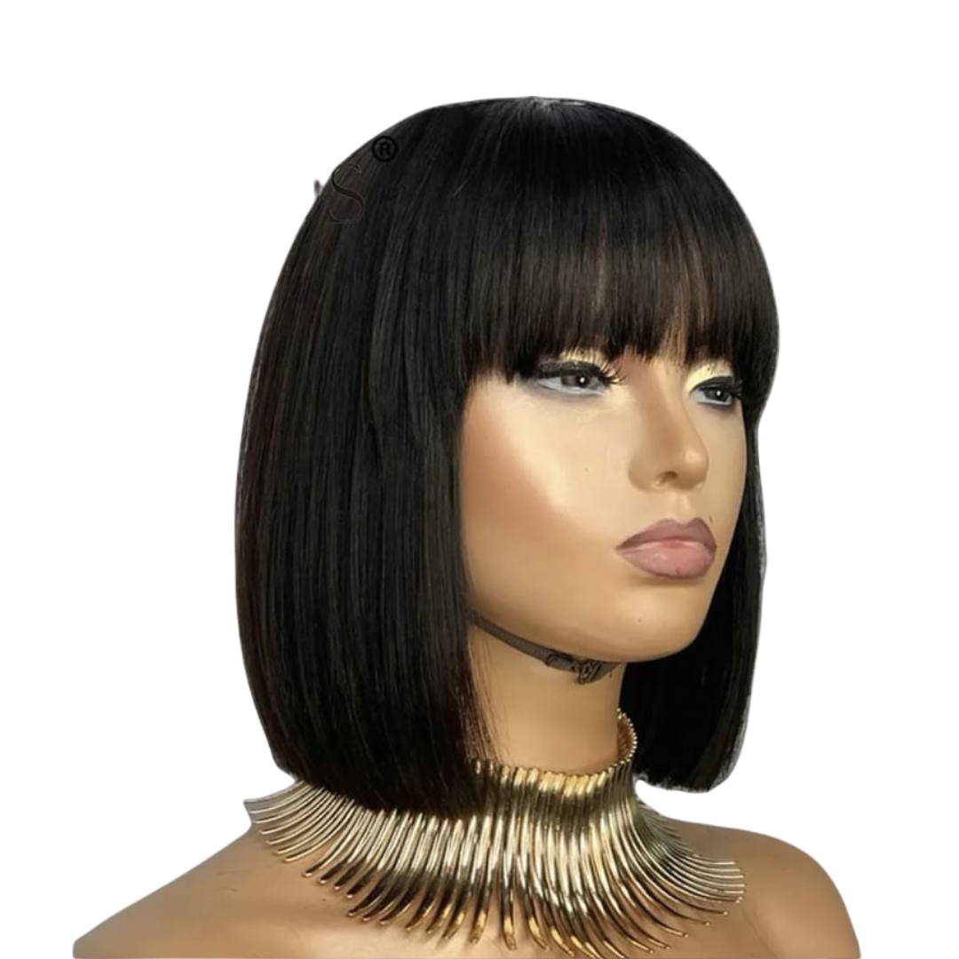 Brazilian Human Hair Bob Wigs for Women with Straight Short Bob and Bangs, Fully Machine-Made, Glueless Human Hair Wigs